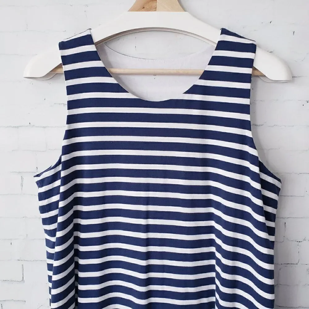 Garnet Hill Nautical Navy White Striped Dress Size M Shift Stretch Tank Cotton